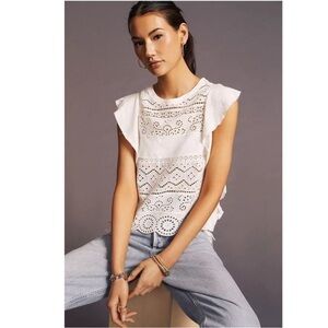 By Anthropologie Sustainable Lace Tank White Ruffle Eyelet Detail Shirt size XS